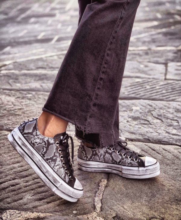 Converse Low Platform Pelle Nero Pitone Bianco