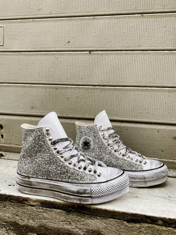 Converse Platform High Leather White Glitter Silver